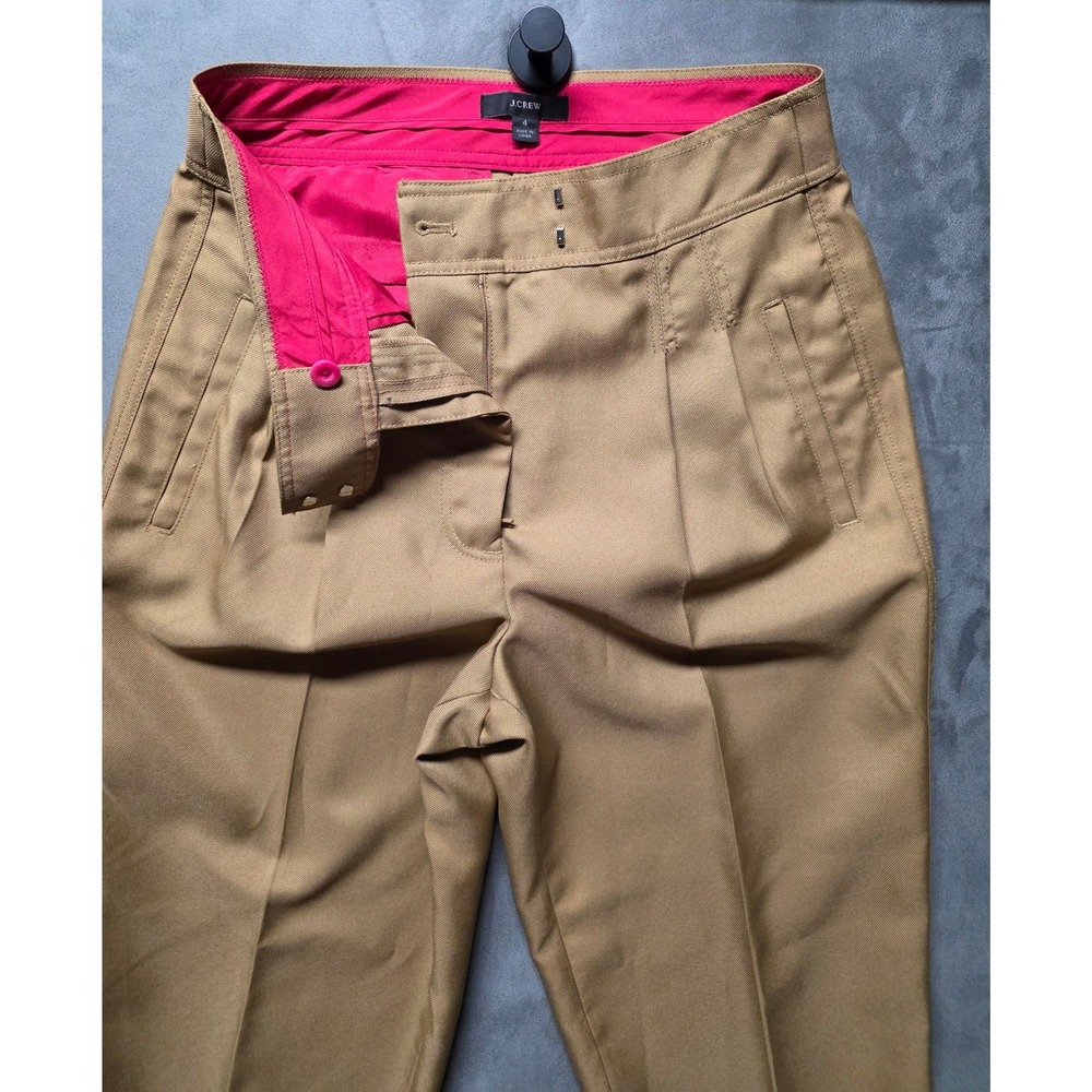 J.Crew Women's Khaki Tan High Rise Pleated tapered Pant Twill Size 4 Pink Lining